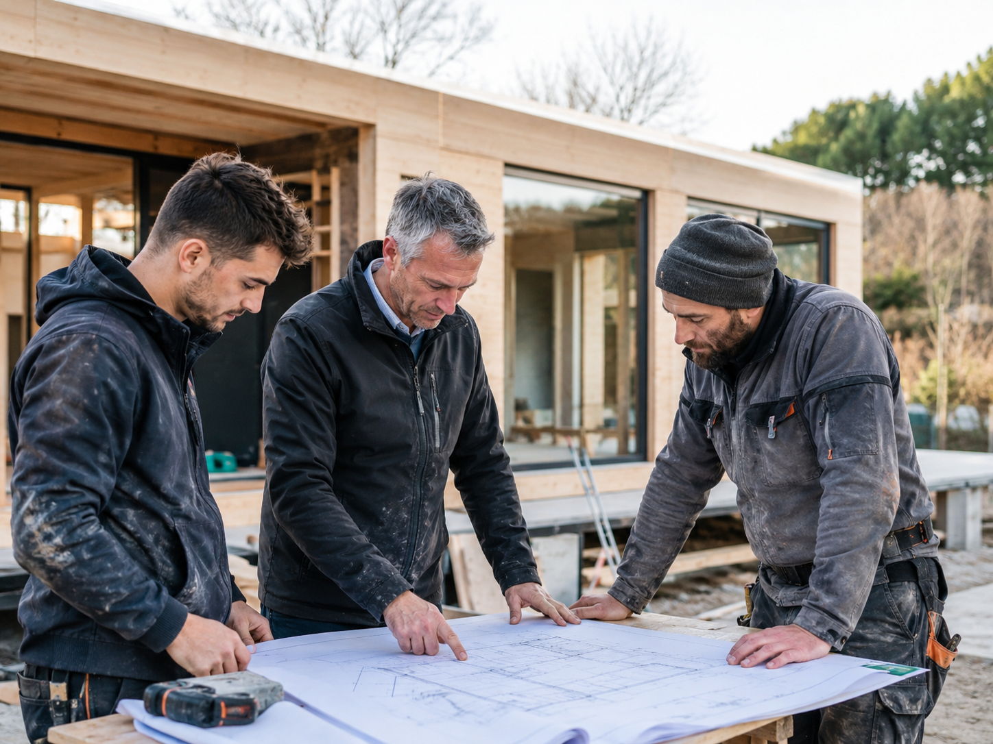 Équipe DELSASHE en discussion autour des plans d'une maison préfabriquée sur chantier