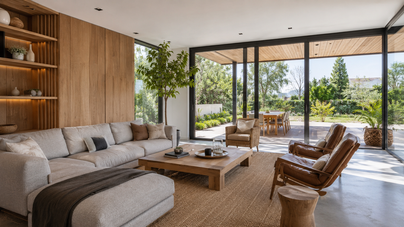 Salon contemporain ouvert sur jardin et terrasse extérieure par grande baie vitrée