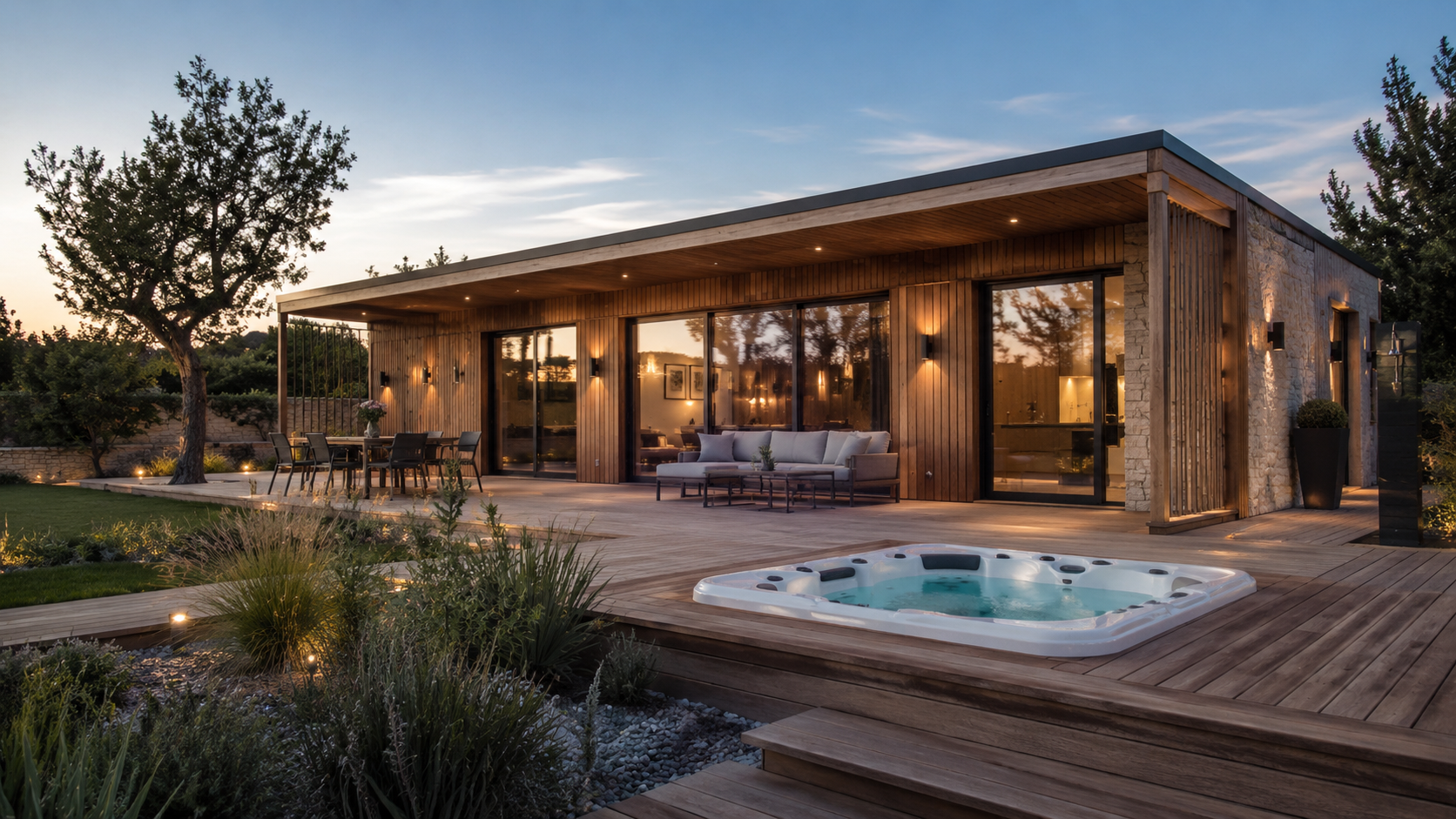 Jacuzzi extérieur encastré dans une terrasse en bois, maison contemporaine en arrière-plan