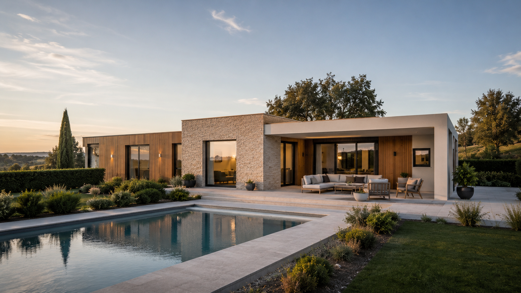 Maison préfabriquée moderne avec piscine extérieure au coucher du soleil