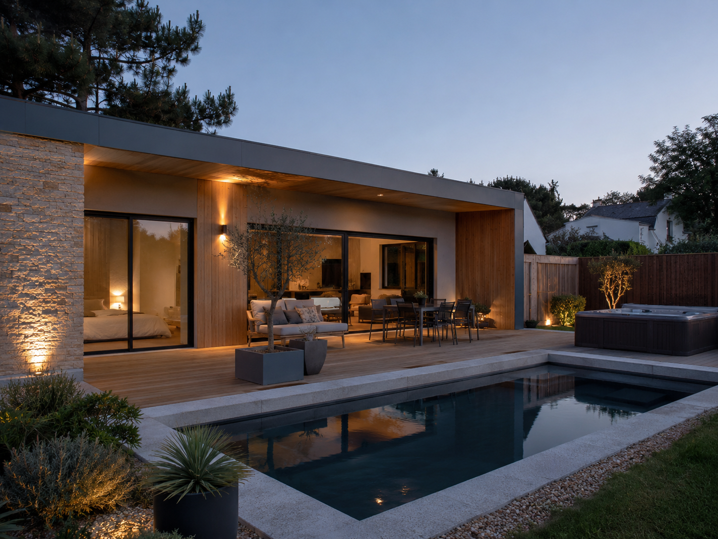 Maison préfabriquée DELSASHE au crépuscule avec piscine et jacuzzi extérieurs éclairés