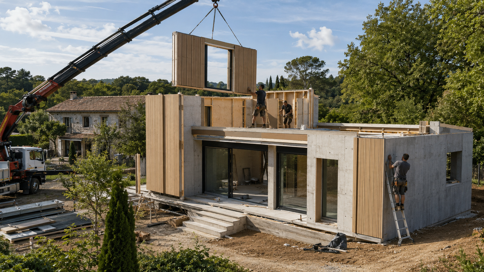 Maison préfabriquée DELSASHE en cours d'assemblage avec module bois levé par grue
