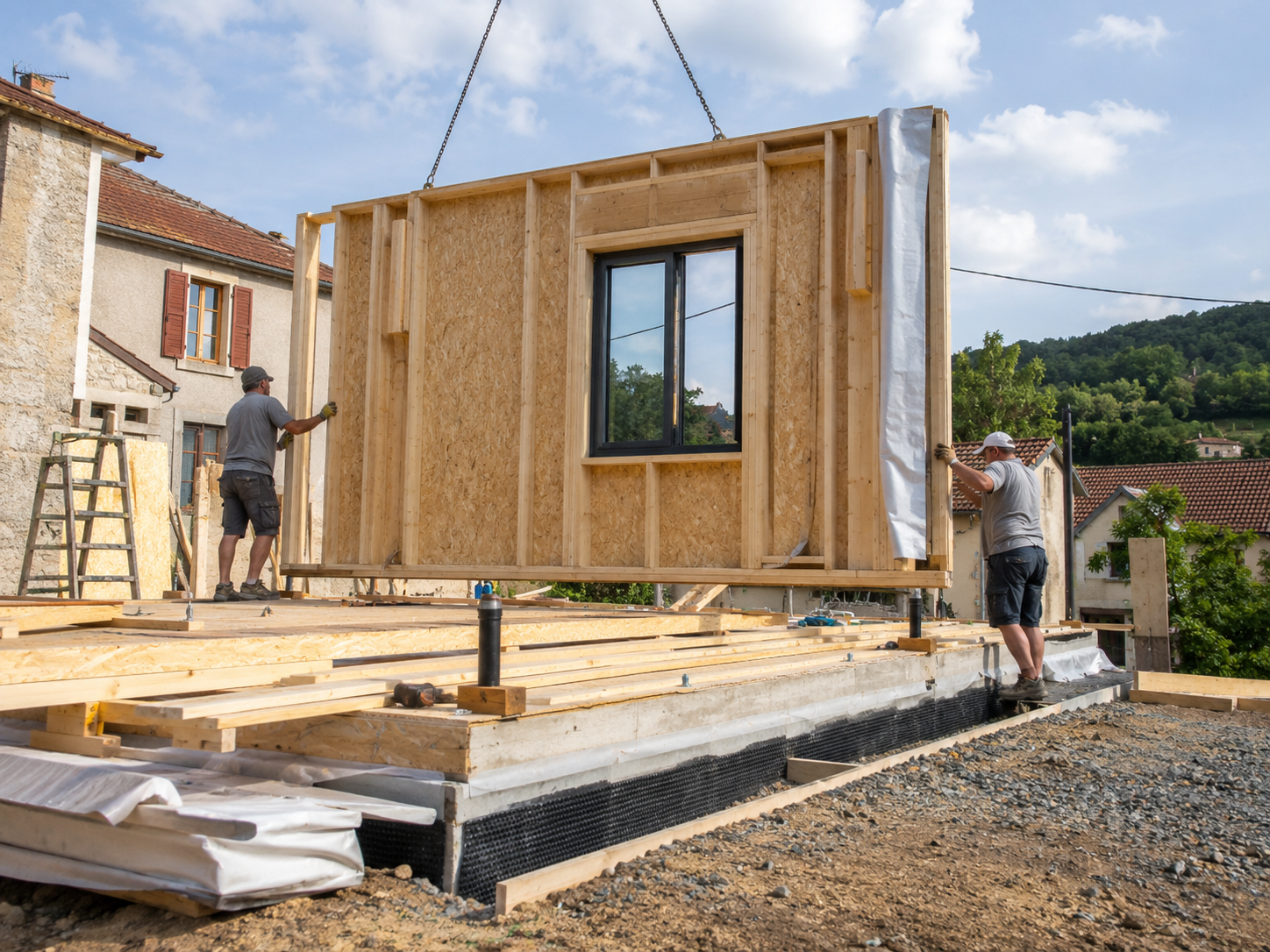 Module préfabriqué DELSASHE soulevé par grue et positionné sur dalle béton lors de l'assemblage