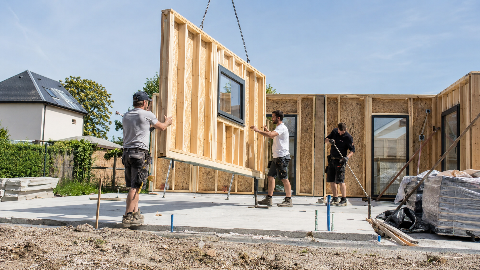Panneaux d'ossature bois préfabriqués en cours d'assemblage par l'équipe DELSASHE